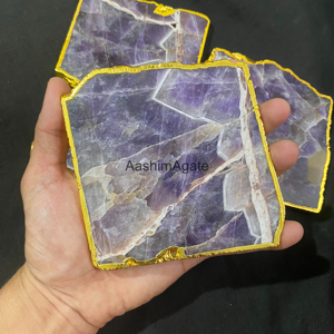 Amethyst Crystal Slice <b>Coaster</b> Polished Irregular Shape <b>Gold</b> Edged Home Decoration Feng Shui Stone Craft - Product Image 2