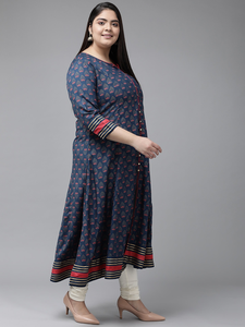 Kurti Anarkali de Rayón para Mujer, Talla Grande, Diseño con Cuello Redondo, Mangas Tres Cuartos y Estampado Floral Azul, Ropa Casual - Product Image 2
