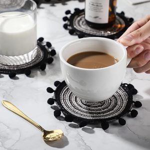 Handwoven Round Cotton Rope <b>Coaster</b> <b>Set</b> with Black Pom Pom Trim Boho <b>Table</b> <b>Mats</b> Farmhouse Drink <b>Coasters</b> <b>Set</b> <b>of</b> <b>6</b> - Product Image 4