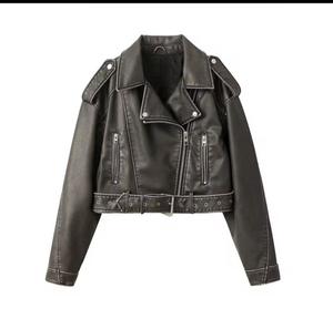 Chaqueta de Moto Vintage para Hombre, de Cuero Genuino Negro, Ecológica, con Cuello Alto, Cierre de Cremallera, Corte Ajustado, Largo Corto, con Cinturón y Bolsillos - Product Image 1