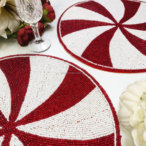 Peppermint Beaded Placemat Handmade Candy Stripe <b>Table</b> <b>Mat</b> Round Charger Plate Christmas Dining <b>Table</b> Decor - Product Image 2