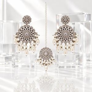 Silver Plated Clear Stone Floral Earrings and Maang <b>Tikka</b> Set with Faux Pearl Drops Bridal Jewelry Factory Wholesale - Product Image 6
