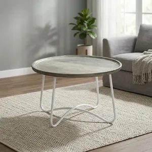 Mesa de Centro Redonda Moderna de Concreto con Base de Metal Blanca, Mueble Minimalista para Sala de Estar, Diseño Duradero - Product Image 3