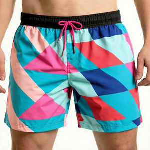 Traje de Baño para Hombre, Estampado Geométrico, Secado Rápido, Cintura Media, Cordón Ajustable, Shorts Casuales, 100% Poliéster Tejido - Product Image 1