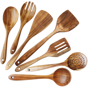 Ensemble d'ustensiles de cuisine en bois : Cuillère de cuisson, Spatule, Cuillère ajourée, Louche, Outils de service - Product Image 1