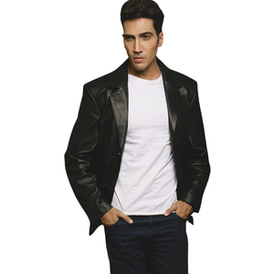 Veste en cuir véritable noire pour homme, col à revers, coupe classique, avec poches - Product Image 1