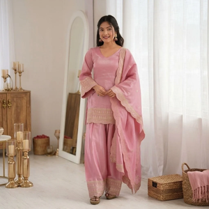Festive Elegant Premium Silk Blend <b>Womens</b> Embroidered <b>Kurta</b> With Patiala Dupatta Ethnic Outfit Smooth Premium silk blend <b>women</b>’s - Product Image 1
