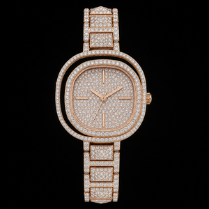 Montre ronde de luxe en or rose sertie de diamants, bracelet en acier inoxydable, montre-bracelet à quartz pour homme et femme, style haut de gamme, élégante - Product Image 1