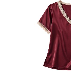 Ensemble de pyjama en satin bordeaux pour femme, haut à manches courtes et short à col en V avec dentelle, vêtements de nuit doux, vêtements de détente, fabrication sur mesure OEM ODM - Product Image 3