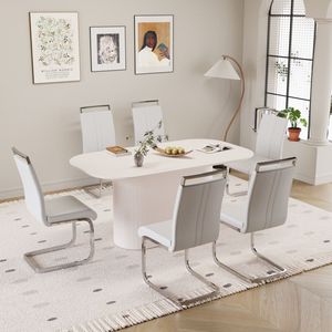 Set di 6 Sedie Senza Braccioli in Stile Moderno Medievale, in MDF e PU, Colore Crema, 63 Pollici Set da Pranzo in Metallo Placcato Argento da Assemblare per Sala da Pranzo - Product Image 5