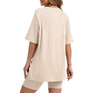 Women's Beige 2-Piece <b>Knitted</b> <b>Set</b> O-Neck Loose Short Sleeve Top With Above Knee Shorts Solid Breathable Casual Spring Summer - Product Image 2