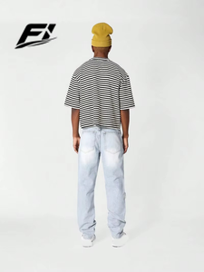 Camisetas Cortas de Alta Calidad para Hombre, a Rayas, 100% Algodón, Manga Corta, Corte Holgado, Transpirables, Ropa Urbana Personalizada al por Mayor, Estilo Americano - Product Image 5