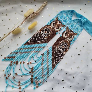 Stunning <b>Beaded</b> Owl Necklace Ukrainian Gerdan Beadwork Handmade <b>Loom</b> <b>Beaded</b> Boho Tribal Statement Necklace <b>for</b> gift Anniversary - Product Image 3