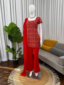 Lanzamiento del nuevo conjunto de fiesta de diseñador con top de pur falso georgette y pantalones palazzo elegantes con dupatta. - Product Image 5