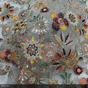 Tissu en dentelle florale perlée, maille brodée, filet décoratif à sequins, tissu uni tricoté enduit PA léger pour robes de garçons et de filles - Product Image 1