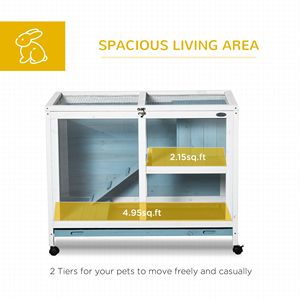 Ruote per vassoi da interno a 2 piani per conigli da interno luce blu rampa porte chiudibili a chiave per piccoli animali Cavie in legno mobili da coniglietto - Product Image 4