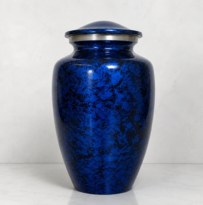 Urna Funeraria de Esmalte Personalizable Estilo Americano en Color Azul Piedra y Plateado con Adhesivo para Foto Conmemorativa para Cenizas Humanas - Product Image 1
