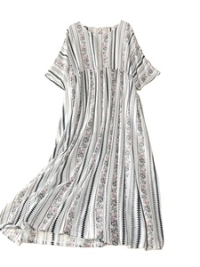 Vestido Floral Vintage plisado de verano de talla grande, Jersey informal para mujer, vestidos estampados a rayas de algodón para mujer, vestido largo suelto para mujer - Product Image 4