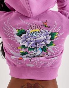 Ed Hardy Women's Pink <b>Cropped</b> Hoodie Floral Letter Pattern <b>Zip</b>-<b>Up</b> Waterproof Breathable Regular Sleeve Autumn Style - Product Image 5