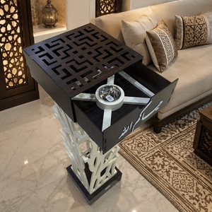Modern Wooden Incense Burner <b>Set</b> Pillar Featuring Cutout Design Box Top And Ornate <b>Cream</b> Column Stand For Luxury Home Decoration - Product Image 2