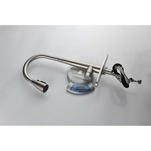 Rubinetto da cucina ad arco alto monocomando con doccetta estraibile, marca Mo, finitura nichel spazzolato, per lavello da cucina con piastra di base - Product Image 3