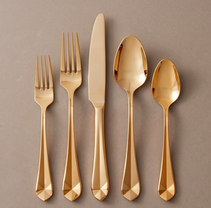 Elegante juego de cubiertos dorados de 5 piezas, de acero inoxidable pulido a espejo, para servir en bodas, cenas y uso en la mesa. - Product Image 1