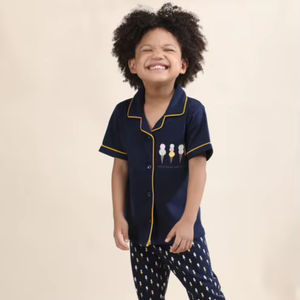 Conjunto de Pijama de Algodón Azul Marino para Niños, Camiseta de Manga Corta Suave con Estampado, Ropa de Dormir Cómoda para Niños - Product Image 1