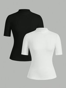 Women <b>Mock</b> <b>Neck</b> Short Sleeve Slim Fit T Shirt Breathable Plain Cotton <b>Top</b> Casual Daily Wear - Product Image 3
