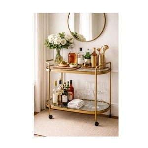 Satin Gold Metal Serving Cart Decorative Oval Open Frame <b>Drink</b> Organizer And Rolling Display <b>Shelf</b> for Home Decor - Product Image 3