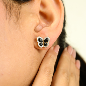 14K <b>Black</b> Onyx Diamond <b>Stud</b> <b>Earrings</b>-Nature Inspired Crown Design - Product Image 4