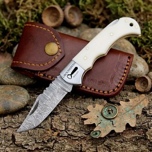 UA Supplies OEM Industrial Grade Damascus Steel Foldable Pocket <b>Knife</b> with Clip Point Blade White <b>Handle</b> 6.5in EDC - Product Image 5