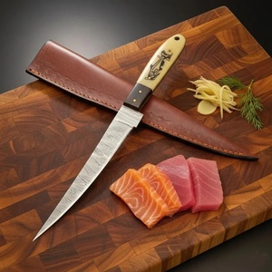 A&M EnterPrises Handmade Damascus Steel Fillet <b>Knife</b> with <b>Bone</b> <b>Handle</b> Fish Engraving and Matching Leather Sheath Hunting <b>Knives</b> - Product Image 5
