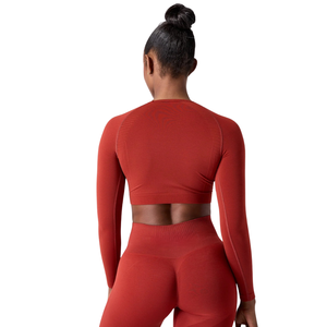 Top Corto Deportivo de Manga Larga sin Costuras para Mujer, Color Rojo Ladrillo, Alta Elasticidad, para Entrenamiento, Yoga, Ejercicio, Ropa Deportiva - Product Image 2