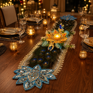 Peacock Diya Table Runner Handmade Floral Candle Holder Wedding <b>Mandir</b> Pooja Festival Home Decor Gift Item - Product Image 2