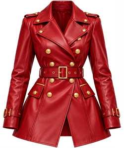 Gabardina de cuero roja para mujer con cinturón y botones dorados - Product Image 4