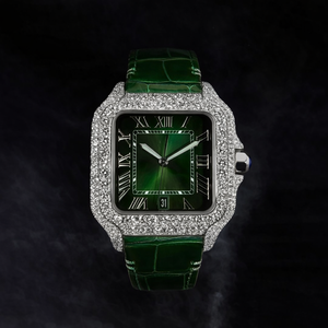Reloj de Lujo Vintage con Moissanita VVS, Estilo Hip Hop Moderno, Correa de Cuero Verde, Esfera de Cristal, Diamantes Engastados, Movimiento Automático, Acero Inoxidable - Product Image 1