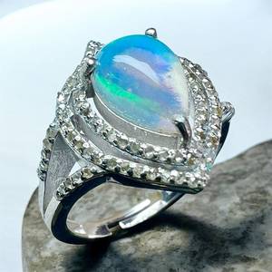 Natural Ethiopian Opal Gemstone with Single Cut Diamond 925 Sterling <b>Silver</b> Rhodium Plated Minimalist Cocktail <b>Ring</b> - Product Image 5
