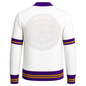 Custom fraternity Omega Greek Letter <b>Cardigans</b> <b>Sweaters</b> White Gold Purple Chenille Embroidery Women's V-Neck Varsity Knitwear - Product Image 6
