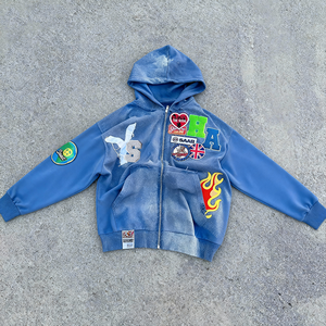 Sweat à capuche zippé streetwear imprimé brodé effet vieilli, fermeture éclair de haute qualité, logo et couleur personnalisables, unisexe - Product Image 1
