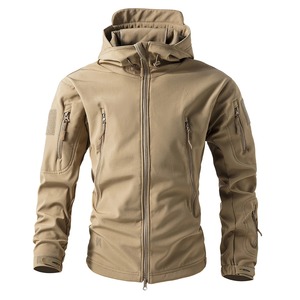 Veste softshell à capuche pour homme, coupe-vent, hydrofuge, style vêtements de travail d'extérieur, coupe régulière, fermeture éclair, couleur beige - Product Image 1