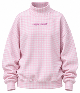 Sweat-shirt décontracté surdimensionné en molleton de coton pour femme, col montant, motif gingham, lettres brodées et sérigraphiées, personnalisable en gros - Product Image 1