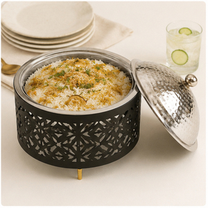 Casserole isotherme en acier inoxydable au design arabe avec couvercle martelé et base découpée au laser, chauffe-plats pour mariages et réceptions - Product Image 6