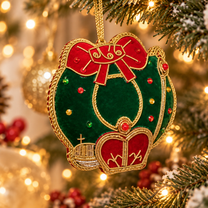 Handcrafted Christmas <b>Wreath</b> Zari Hanging with Beaded Embroidery – Festive Holiday Wall & Tree Decoration Ornament - Product Image 1