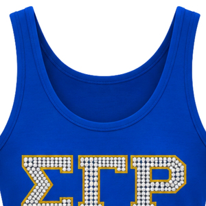 Camiseta sin mangas azul para mujer con letras griegas de pedrería, cuello redondo, ropa deportiva informal de verano, camisa con ribete dorado - Product Image 4