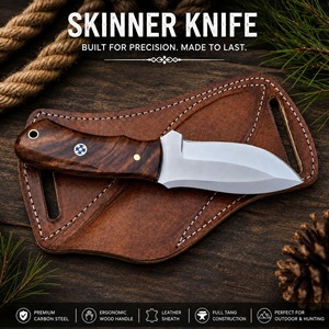 Couteau de camping Skinner personnalisé fait main en acier carbone 1095, pointe tombante, manche en bois, personnalisable avec étui en cuir, couteau cadeau OEM - Product Image 1