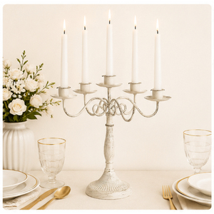 Candélabre en métal blanc antique à 5 bras, porte-bougie, centre de table shabby chic pour événements de mariage, vente en gros, décoration intérieure - Product Image 2