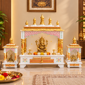 Elegante conjunto de 3 santuarios hindúes de madera artesanales estilo Art Deco, tradicionales mandir indios para la adoración en el hogar y decoración de cumpleaños. - Product Image 1