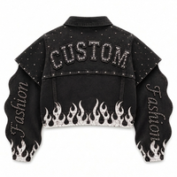 Veste en jean noire unisexe personnalisée, style streetwear, avec strass et patchs lettres imprimés flamme sur le devant, pour motard