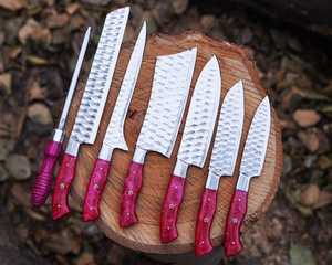 Ensemble de 7 couteaux de chef en acier à haute teneur en carbone, faits à la main et durables, avec manches en os et étui en cuir, pour couper la viande - Product Image 2