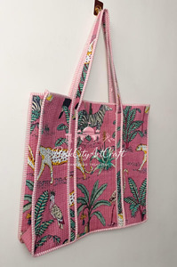 Bolso Tote de Algodón Acolchado Jaipuri, Color Rosa, con Estampado de Bloques de Animales Tropicales, Bolso de Hombro para Mujer, Ecológico, Hecho a Mano, Bolso de Compras - Product Image 4